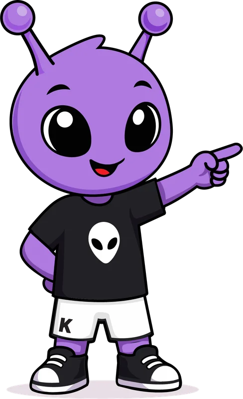 KO, el alien mascota de Kustom, señalando el mensaje